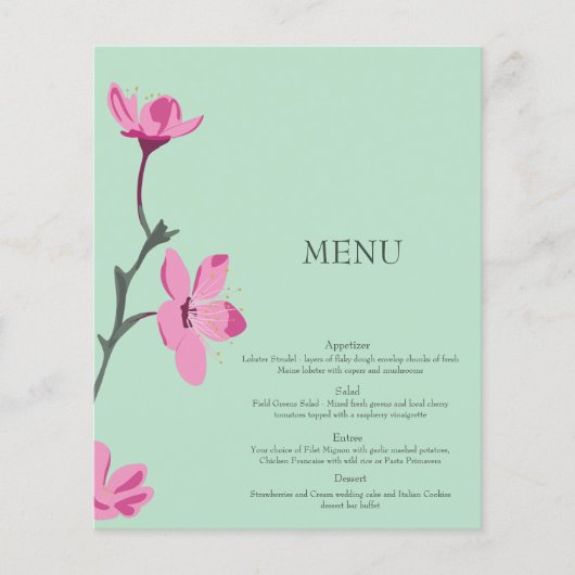 Roze Kersenbloesem Mint Groen Quinceanera Menu (Voorkant)