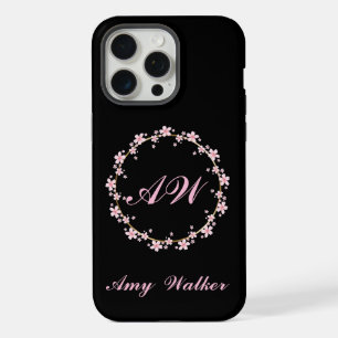 Roze Kersenbloesem Monogram Bloemenkrans iPhone 15 Pro Max Case