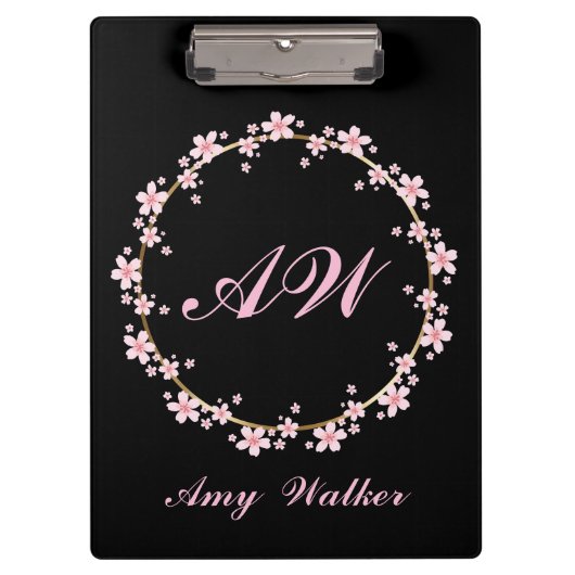 Roze Kersenbloesem Monogram Vrouwelijke Bloemenkoo Klembord (Voorkant)