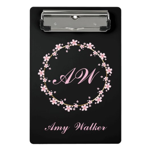 Roze Kersenbloesem Monogram Vrouwelijke Bloemenkoo Mini Klembord (Voorkant)