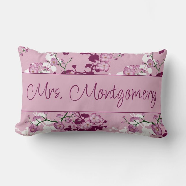 Roze Kersenbloesem Mrs. Bruiloftscadeau Kussen (Voorkant)