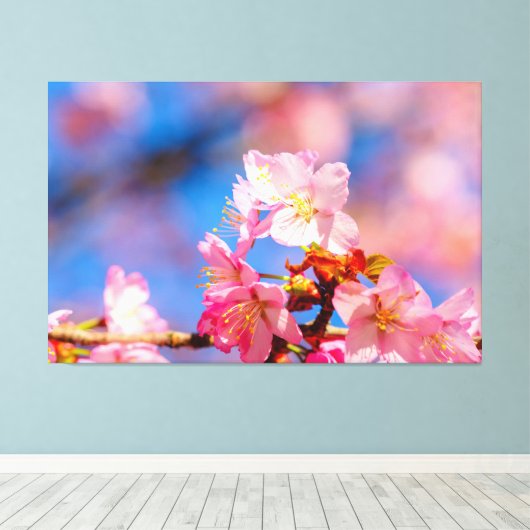 Roze kersenbloesem op een zonnige lentedag canvas afdruk (Insitu (Houten vloer))