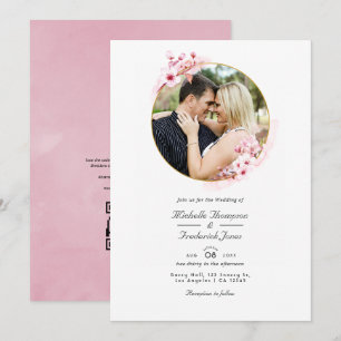 Roze Kersenbloesem QR Code RSVP Lente Bruiloft Kaart