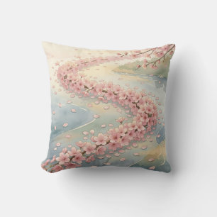 Roze Kersenbloesem Rivier Aquarel Scene Kussen
