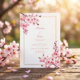Roze Kersenbloesem Romantisch Gouden Lijst Bruilof Kaart