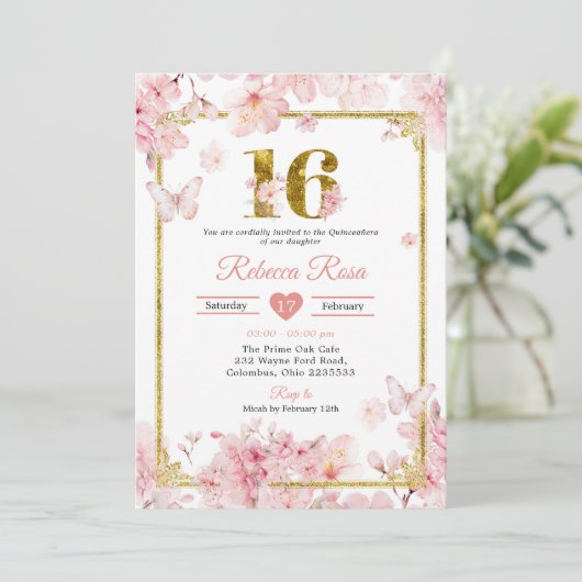 Roze Kersenbloesem Sakura Gold Quinceañera Kaart (Staand voorkant)