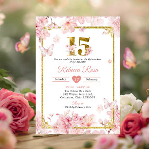 Roze Kersenbloesem Sakura Goud 15e Quinceañera Kaart