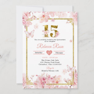 Roze Kersenbloesem Sakura Goud 15e Quinceañera Kaart