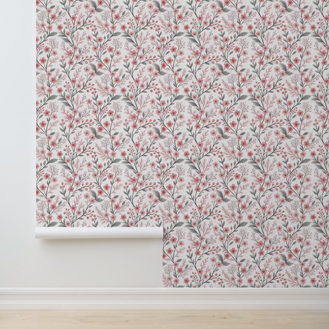 Roze Kersenbloesem Sakura Patroon op Wit (1) Behang (Applicatie)
