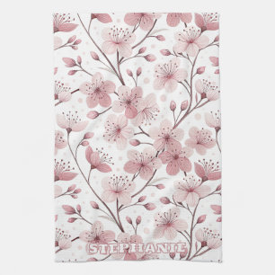 Roze Kersenbloesem Sakura Patroon op Wit (2) Theedoek