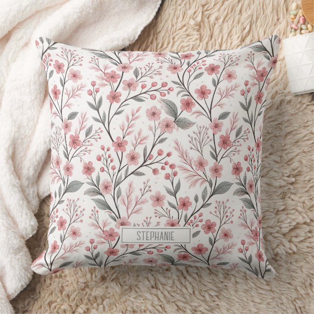 Roze Kersenbloesem Sakura Patroon op Wit Kussen (Deken)