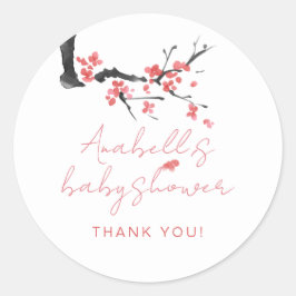 Roze Kersenbloesem Script Baby Shower Bedanktkaart Ronde Sticker