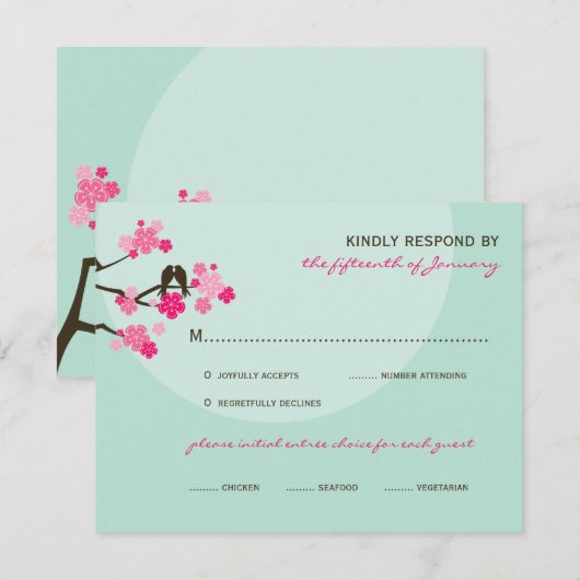 Roze Kersenbloesem Tortelduifjes Bruiloft RSVP Kaa (Voorkant / Achterkant)