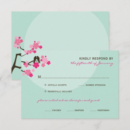 Roze Kersenbloesem Tortelduifjes Bruiloft RSVP Kaa (Voorkant / Achterkant)