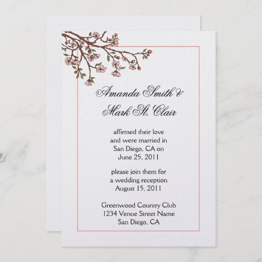 Roze Kersenbloesem Uitnodiging Bruiloftsfeest (Voorkant / Achterkant)