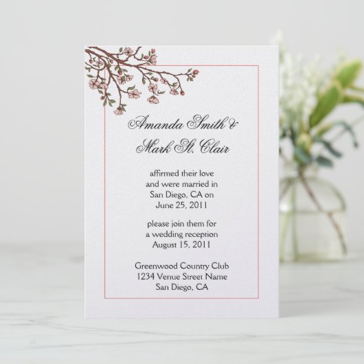 Roze Kersenbloesem Uitnodiging Bruiloftsreceptie (Staand voorkant)