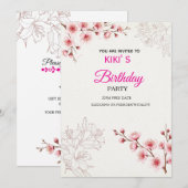 Roze Kersenbloesem Verjaardagsuitnodiging | Waterc Kaart (Voorkant / Achterkant)