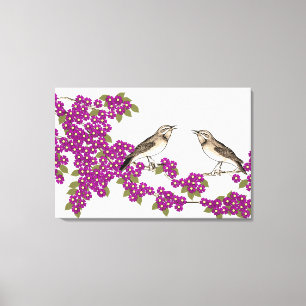 Roze Kersenbloesem Vintage Liefdesvogels Canvas Afdruk