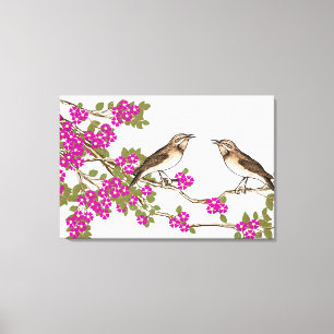 Roze Kersenbloesem Vintage Liefdesvogels Canvas Afdruk