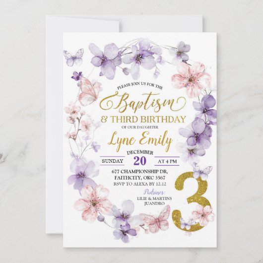 Roze Kersenbloesem Vlinderdoop 3e verjaardag Kaart (Voorkant)