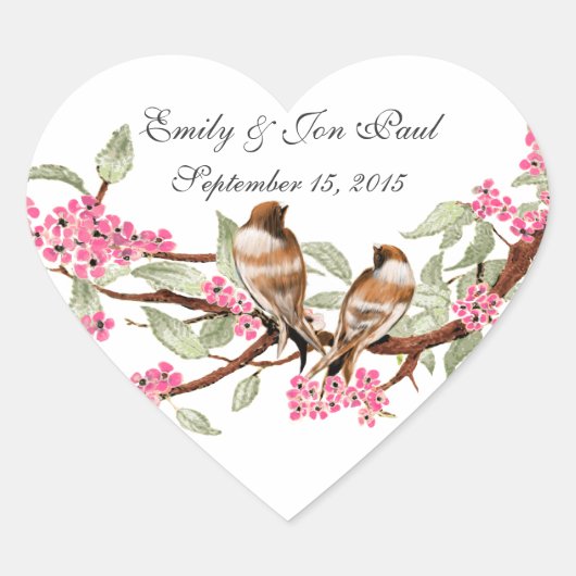 Roze Kersenbloesem  Vogels Trouwstickers Hart Sticker (Voorkant)