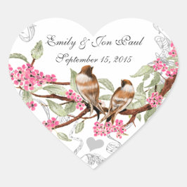 Roze Kersenbloesem  Vogels Trouwstickers Hart Sticker
