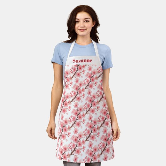 Roze Kersenbloesem Watercolor Patroon Elegant Schort (Gedragen)