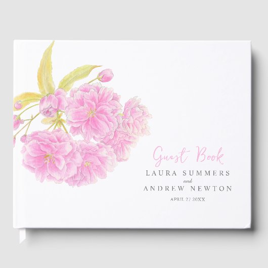 Roze kersenbloesem waterverf aangepaste bruiloft gastenboek (Voorkant)