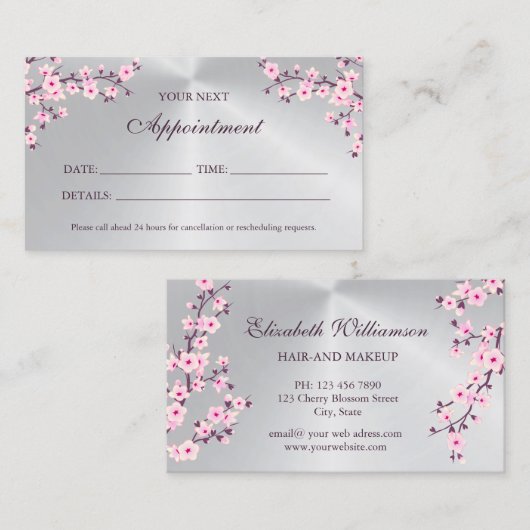 Roze Kersenbloesem Zilver Afspraakkaart Visitekaartje (Voorkant / Achterkant)