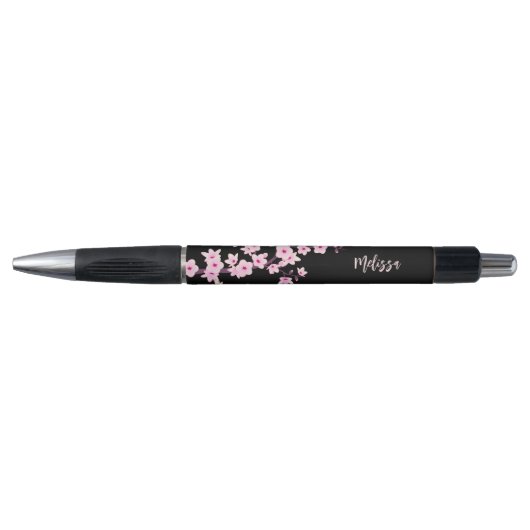 Roze Kersenbloesem Zwart Monogram Pen (Voorkant)