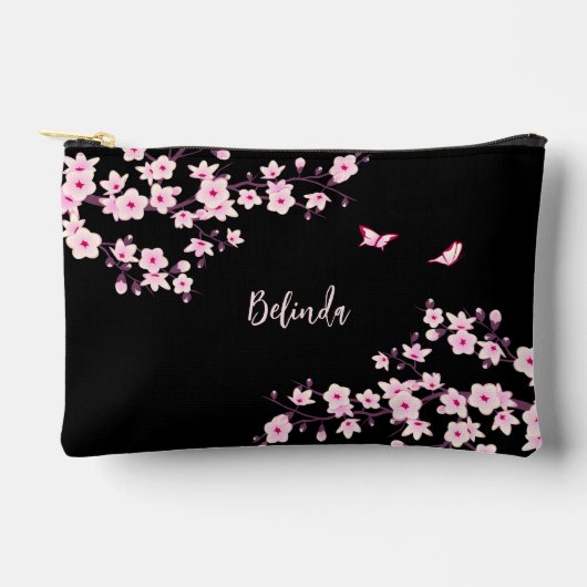 Roze Kersenbloesem Zwarte Monogram Etui (Voorkant)