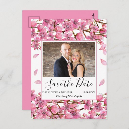 Roze kersenbloesems Bewaar de datum Briefkaart (Voorkant / Achterkant)