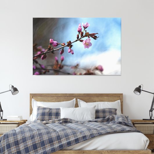 Roze kersenbloesems, blauwe lucht, witte wolk canvas afdruk (Insitu (Slaapkamer))
