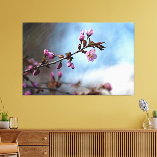 Roze kersenbloesems, blauwe lucht, witte wolk canvas afdruk (Insitu (Woonkamer))