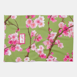 Roze Kersenbloesems Chartreuse Green Monogrammed Theedoek