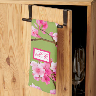 Roze Kersenbloesems Chartreuse Green Monogrammed Theedoek