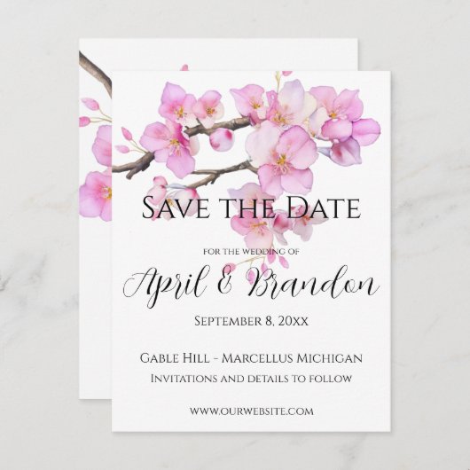 Roze kersenbloesems elegant kalligrafie script save the date (Voorkant / Achterkant)