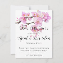 Roze kersenbloesems elegant kalligrafie script save the date