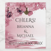 Roze Kersenbloesems en Vlinders Trouwwijn Wijn Etiket (Enkel label)