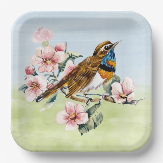 Roze Kersenbloesems en Vogel Papieren Bordje (Voorkant)