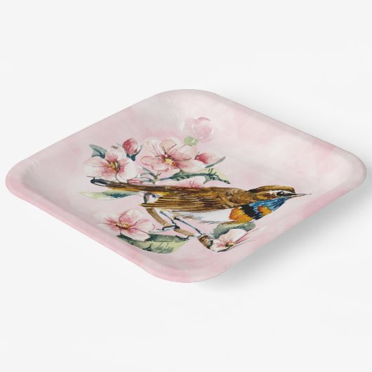 Roze Kersenbloesems en Vogelpapier P Papieren Bordje (Gebogen)