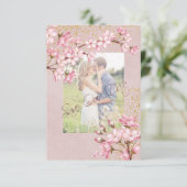 Roze Kersenbloesems Gouden Confetti Save The Date (Staand voorkant)