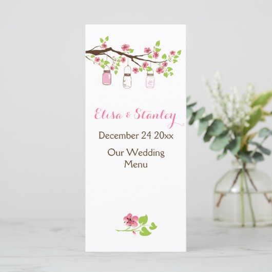 Roze kersenbloesems, metselaars potten bruiloft me menu (Staand voorkant)