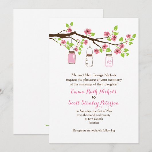 Roze kersenbloesems & metselaars potten lente brui kaart (Voorkant / Achterkant)