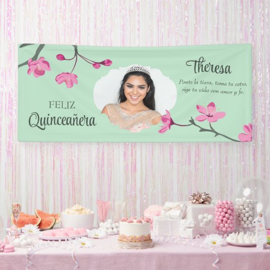 Roze Kersenbloesems, Mint Green Quinceneara Foto Spandoek (Feest)