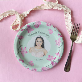 Roze Kersenbloesems, Mint Groen, Foto Papieren Bordje