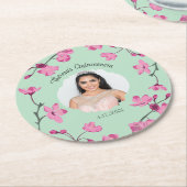 Roze Kersenbloesems, Mint Groen, Foto Ronde Kartonnen Onderzetter (Gebogen)