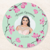 Roze Kersenbloesems, Mint Groen, Foto Ronde Kartonnen Onderzetter (Voorkant)