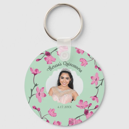 Roze Kersenbloesems, Mint Groen, Foto Sleutelhanger (Voorkant)