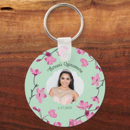 Roze Kersenbloesems, Mint Groen, Foto Sleutelhanger (Voorkant)